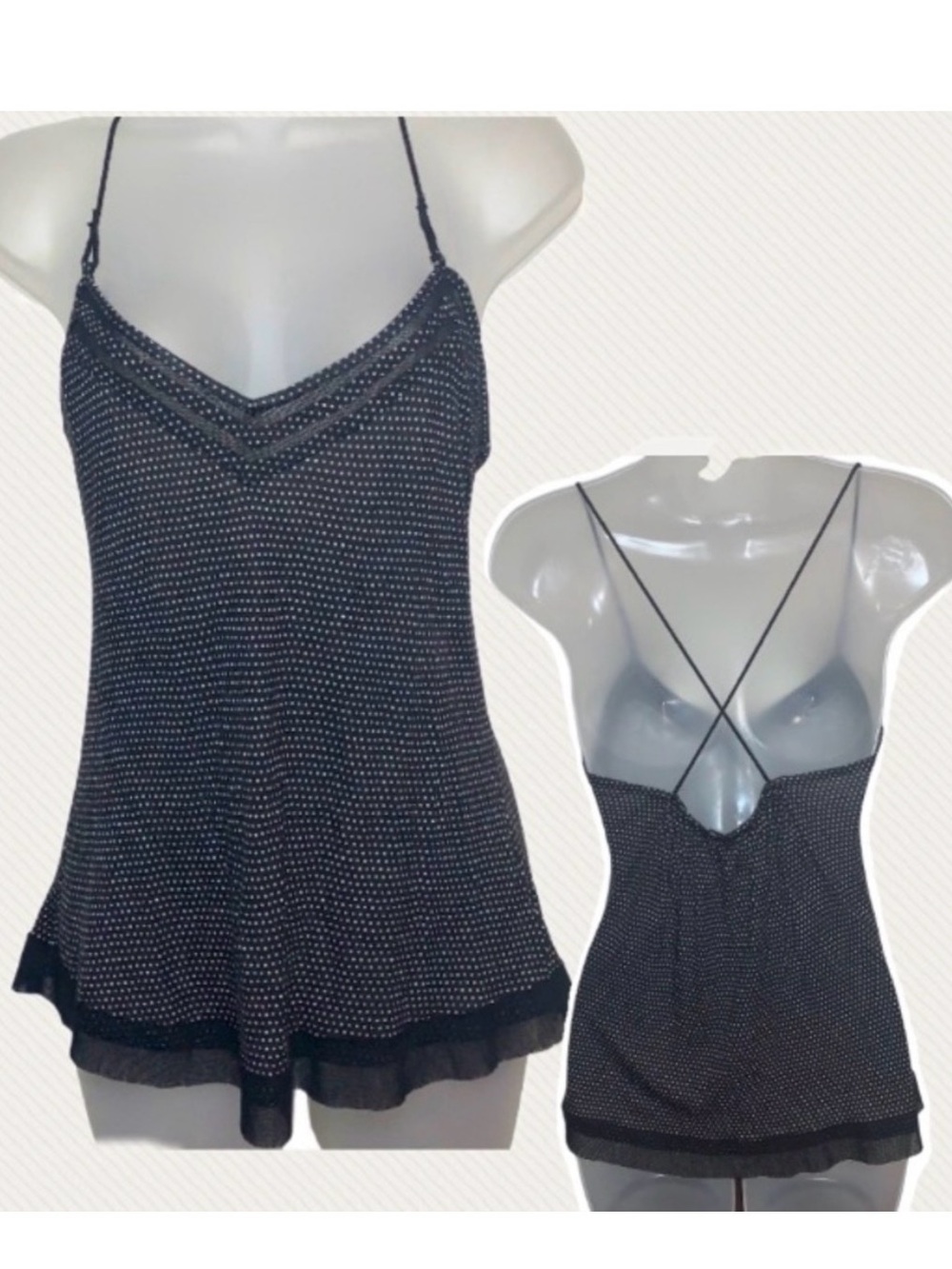 Y2K Forever 21 Polka Dot Mesh Trim Rope Strap Crisscross Tank Top Black White S